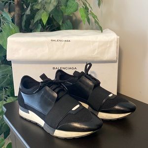 Balenciaga Black and White Race Runner Low Top Sneakers